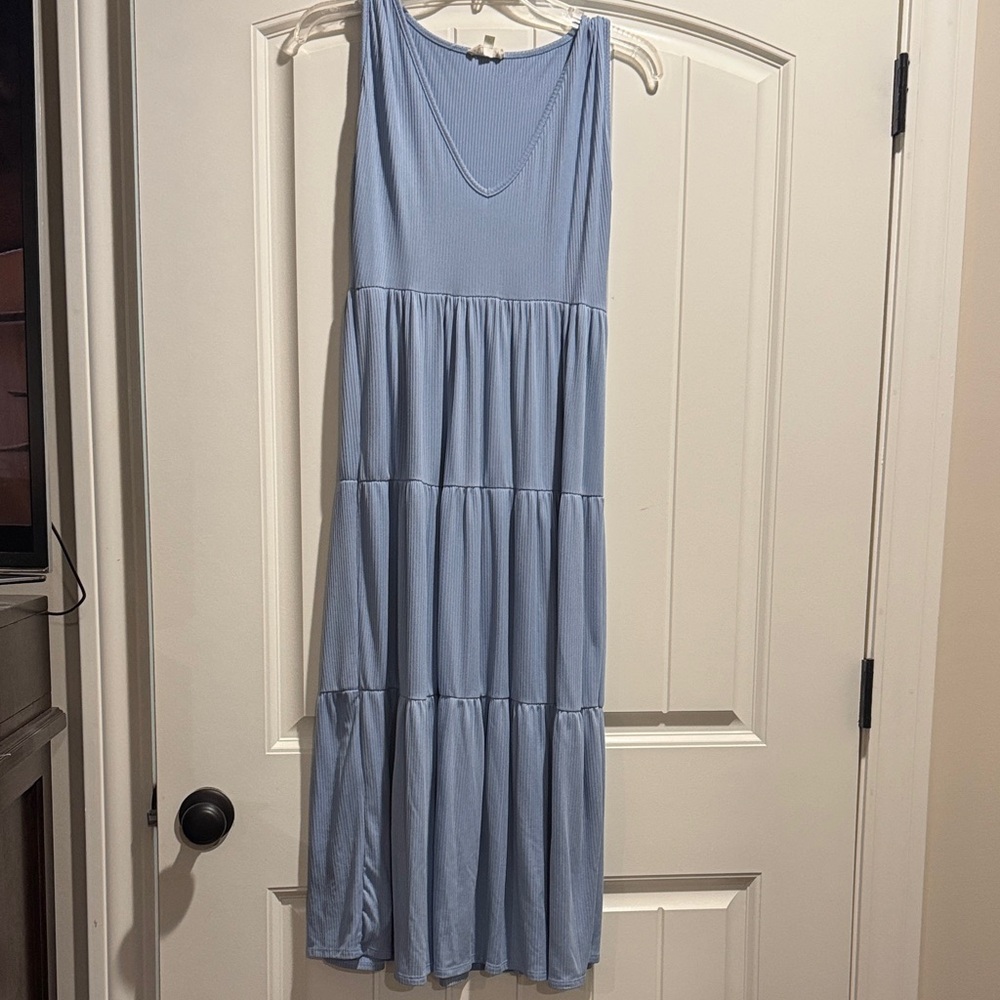 See You Monday Light Blue Sleeveless Tiered Maxi Dress